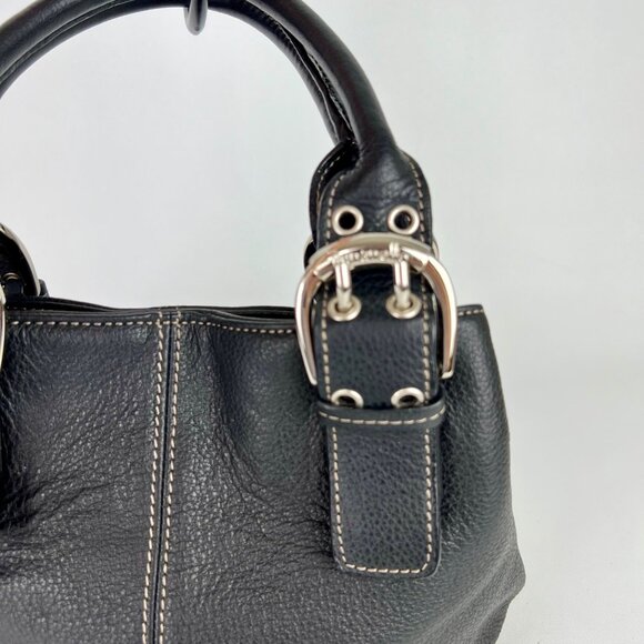 Tignanello Black Leather Purse Handbag Satchel Bucket Bag Buckle Double Handle - Picture 5 of 13